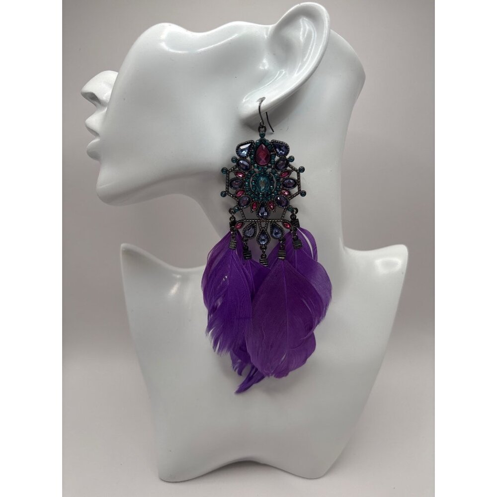 Vintage Y2K 90's Boho Festival Dangle Feather Rhinestone Earrings Purple
